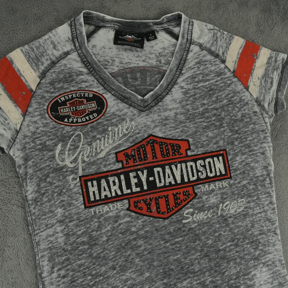 Harley-Davidson T-Shirt Womens‎ M Gray Burnout V-Neck Graphic Thin Lightweight